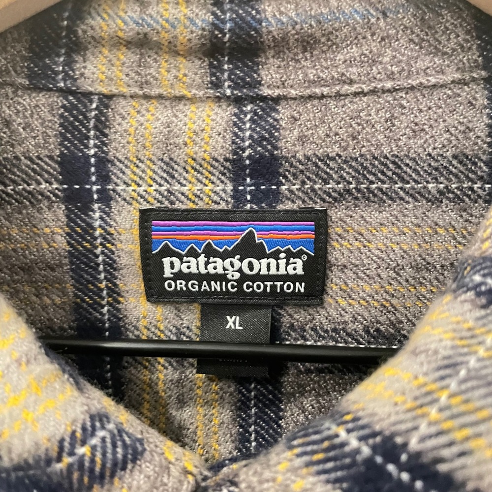 Patagonia Mens XL Organic Cotton Long Sleeve Plaid Flannel Shirt Brown Tan Navy - Picture 3 of 8